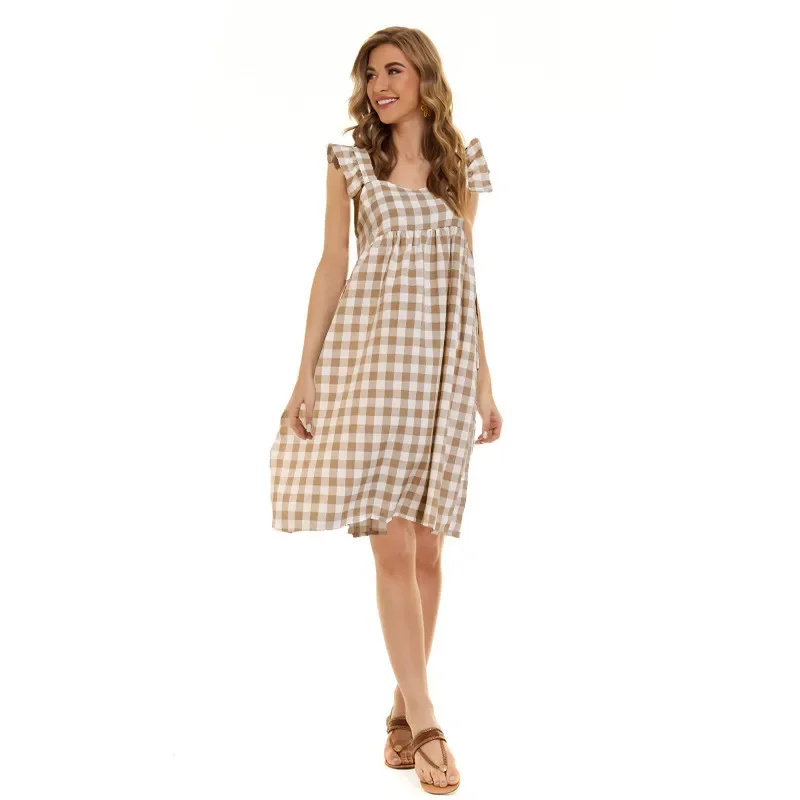 2024 Spring Summer New Cross-Border Eaby Amazon Square Collar Lotus Leaf Sleeves Loose-Fit Sleeveless Dress