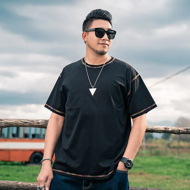 

Contrast Line Large Size Solid Color Clothes T Shirts for Men O-Neck Loose Oversized Cotton Fashion Male Streetwear Top 7XL