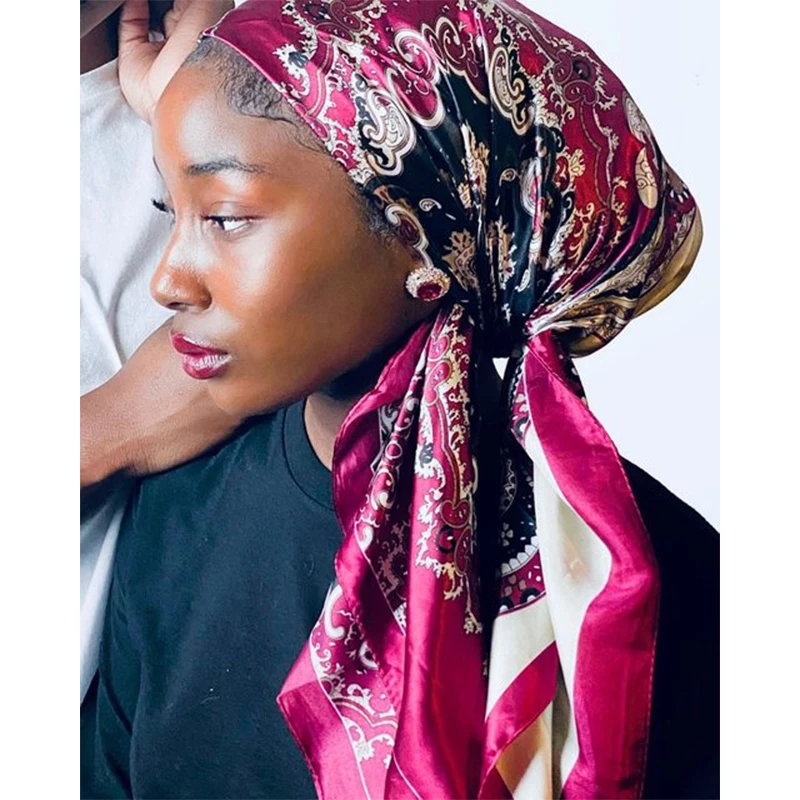 

Women Hijabs Headband Fashion 90cm Satin Silk Square Scarf Bandana Design Neckerchief Shawl Wrap Beach Stoles Foulard Echarpe
