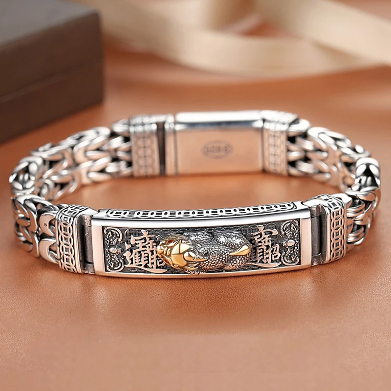 

New Silver Men's Bracelet Bracelet Double Chain Peace Tattoo Personality Popular Chinese Style Retro Creative Lucky Coin