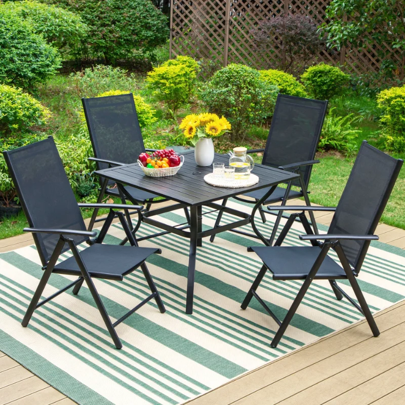 

MF Studio 5-Piece Outdoor Aluminum Dining Set with Folding Sling Chairs&Square Table for 4-Person, Black