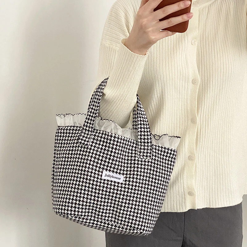 Fashion Zebra Pattern Plaid Solid Color Canvas Handbag For Women Lotus Leaf Lace Large Capacity Creative Beautiful Flounces Bag