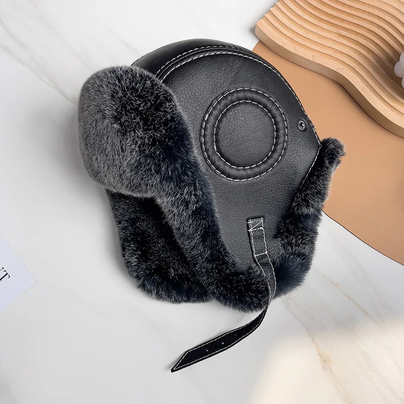 Pudi Man Winter Natural Rabbit Fur Bomber Beret Genuine Leather Hats Caps HF281