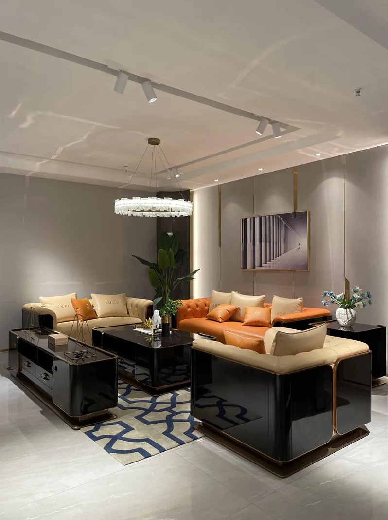 

Light luxury leather sofa combination set villa living room minimalist Hong Kong style small and medium-sized unit