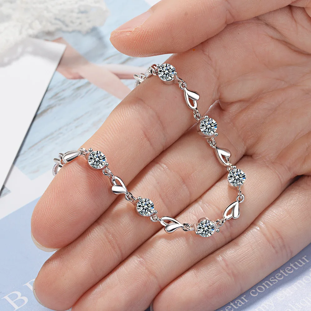 

925 Sterling Silver Bracelet 8 Inches Fine Zircon Heart Bracelet For Women Couples Gift Fashion Party Jewelry Free Shipping
