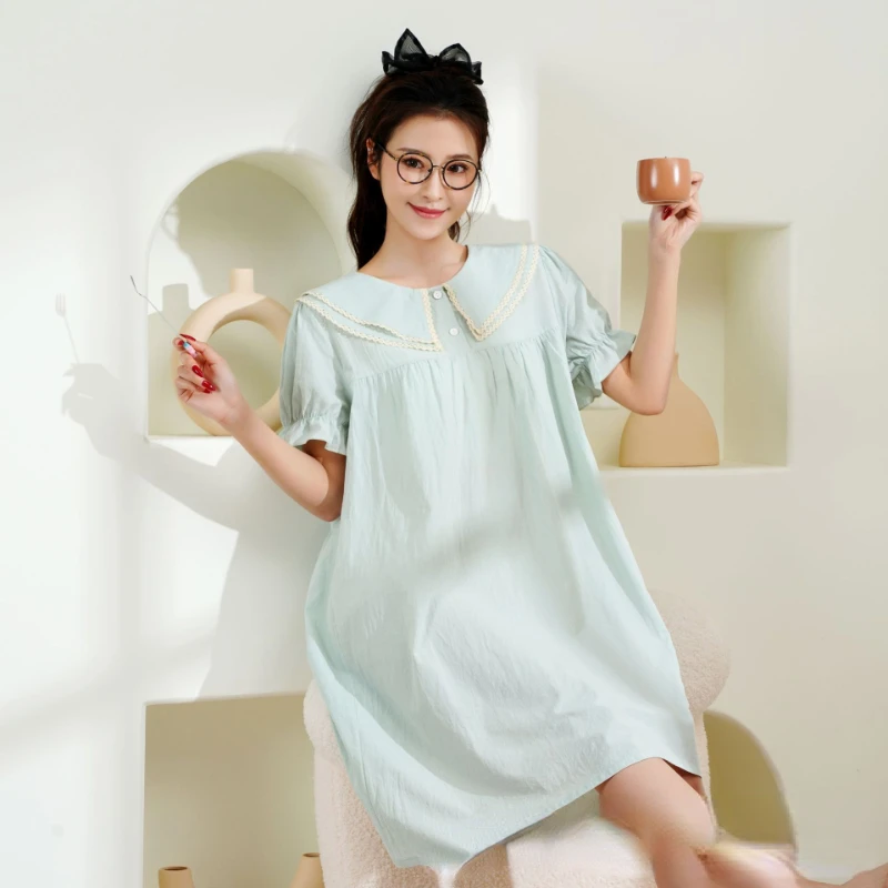 2023 Spring Pajamas for Women's New Home Wear Cotton Short-sleeved Long Skirt Can Be Worn Outside Breathable and Soft Loungewear