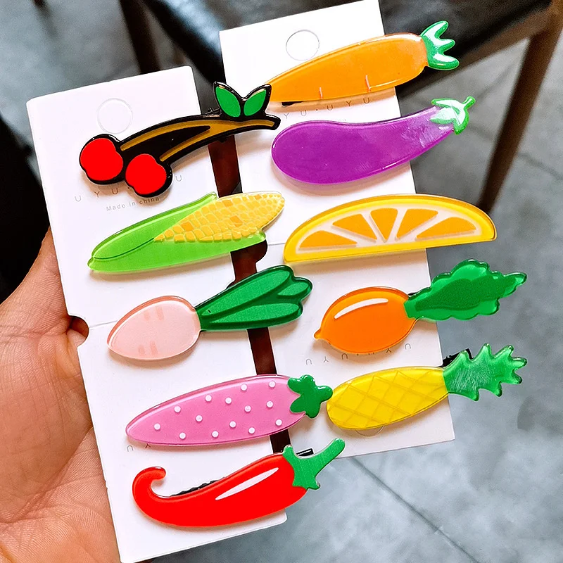 

Милые милые акриловые заколки для волос с фруктами в Корейском стиле на весну и лето для девочек, детские заколки для волос с овощами Yummy, зак...