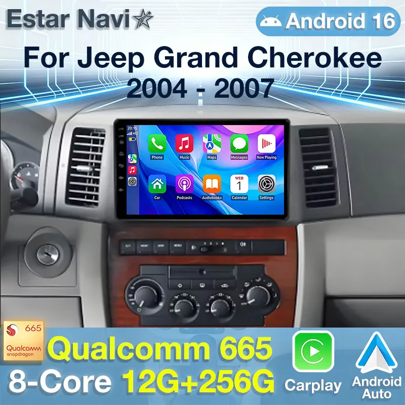 Фото Автомагнитола Android 16 Carplay Auto для JEEP Grand Cherokee WK 2004-2007: Мультимедийный навигационный плеер с Wi-Fi, 4G и DSP №1
