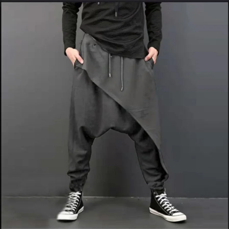 Фото 2025 Men's Casual Trousers Irregular Loose Solid Drawstring Saggy Pants Men Vintage Harem Pants Hip Hop Skateboard Fitness Pants №1