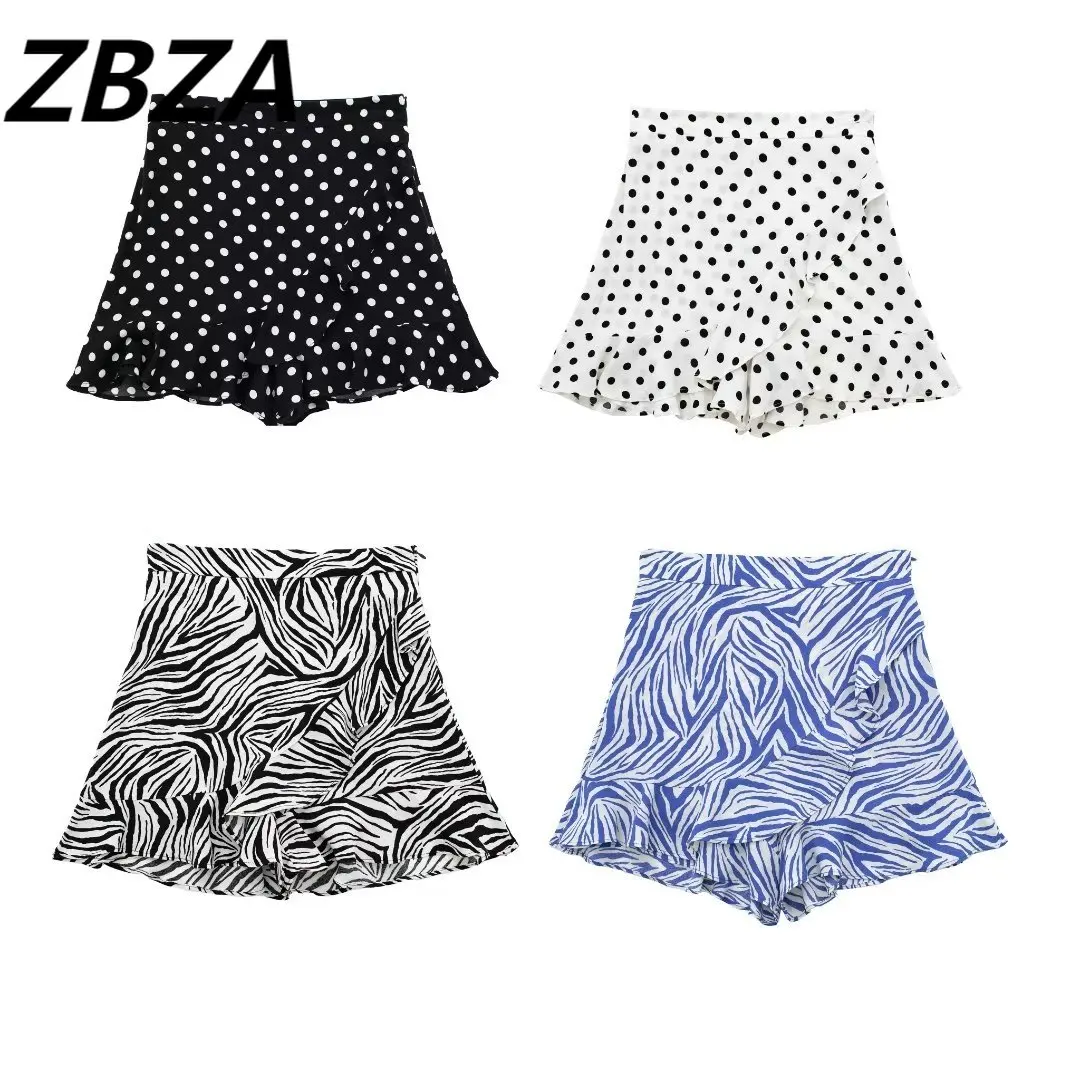 

ZBZA Women 2023 New Chic Fashion Summer Four-color Printed Culottes Vintage High Waist Back Zipper Female Skorts Mujer