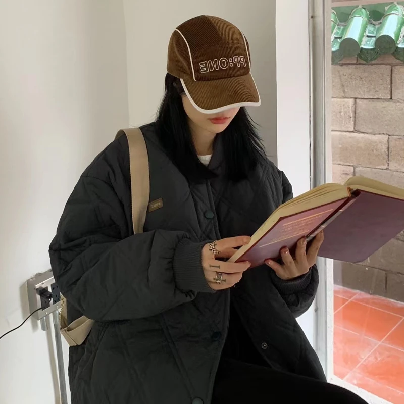 Solid Argyle Puffer Jacket Korean Fashion Trends Teenage Girl Casual Streetwear Womens Stand Collar Clothes Winter Baseball Coat