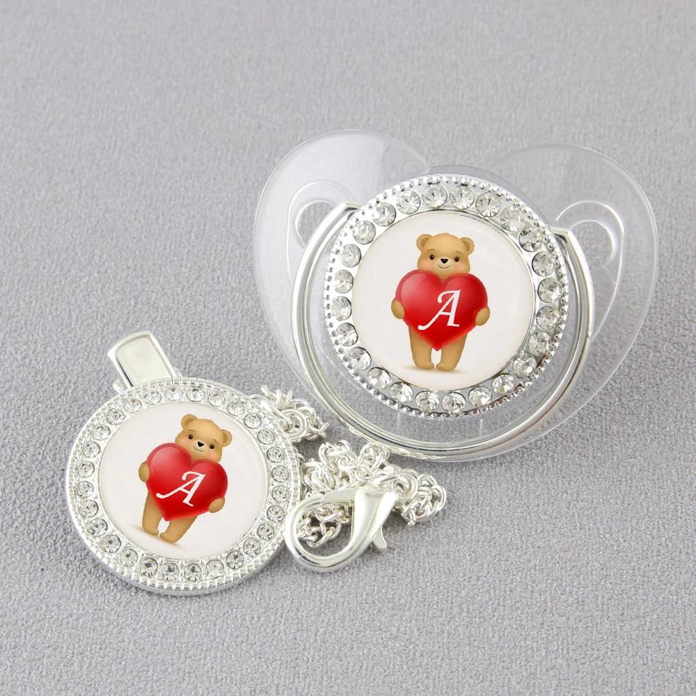 

Newest Luxury Silver Bear 26 Name Initial Letter Baby Pacifier With Clip BPA Free Silicone Newborn Soother For Baby Shower Gift