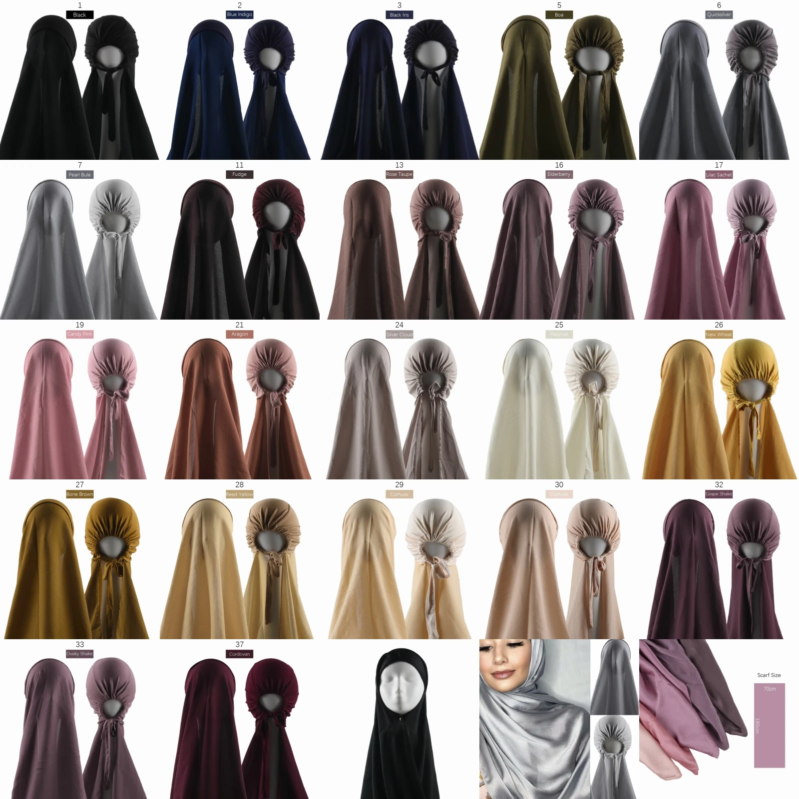 Instant Muslim Women Crinkle Satin Silk Hijab With Bonnet Caps  Hijabs Scarves Satin crinkle Scarf With UnderScarf Inner Caps