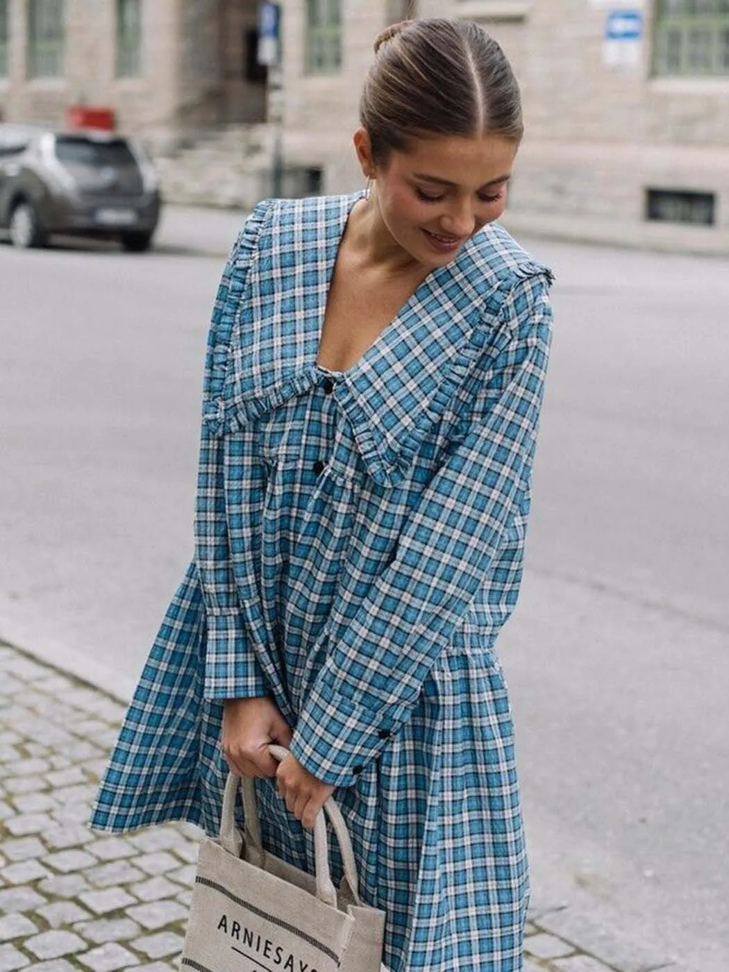 

Vintage Loose Plaid Mini Dress 2022 Spring Summer Ruffle Turn Down Collar Long Sleeve Chic Short Dresses French Casual Vestidos