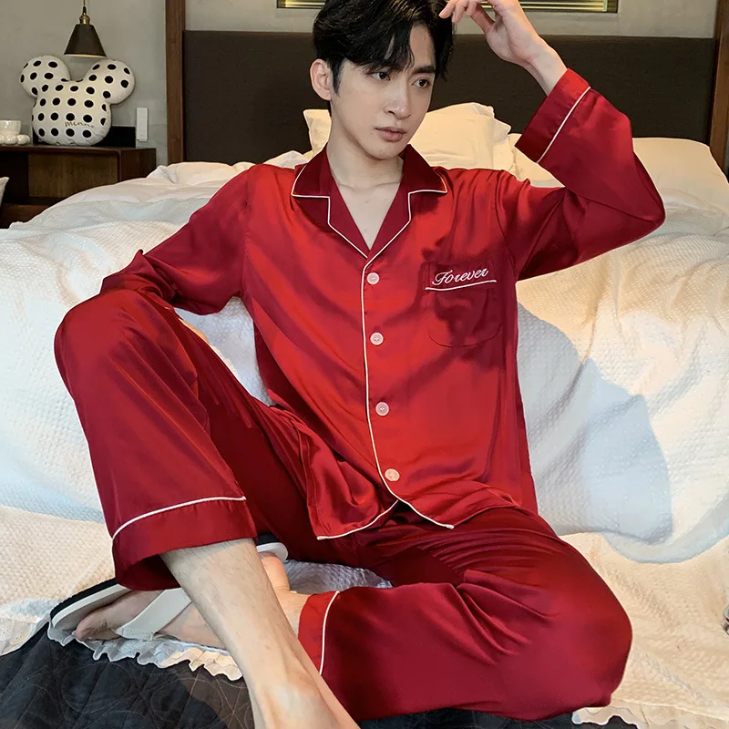 Осенняя Повседневная парная атласная рубашка с длинным рукавом и брюки пижамный