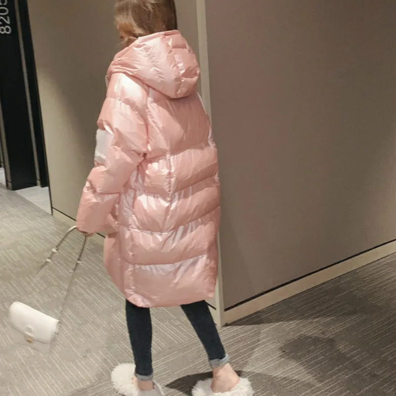 2023 Women Glossy Down Cotton Jacket Hooded Parka Warm  New Winter Jacket Parkas Female Cotton Padded Jacket Casual Outwear Pink
