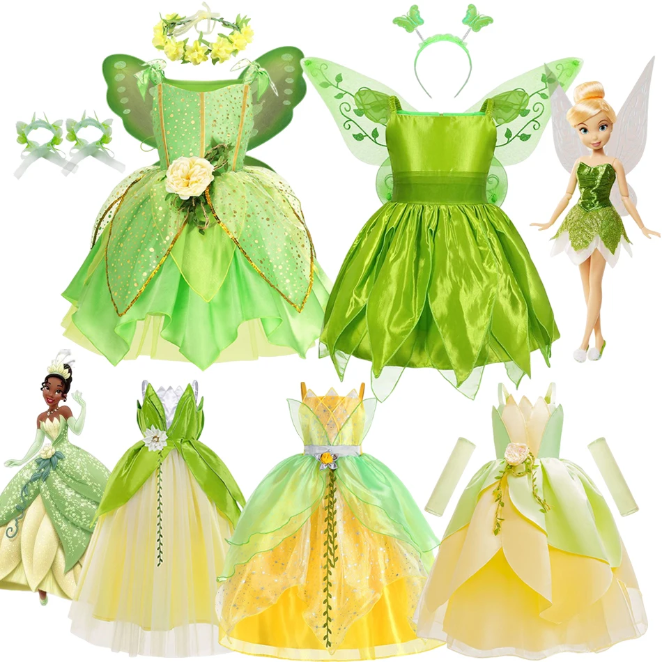 Girls Tinker Bell Dress Fancy Tiana The Princess and the Frog Cosplay Flower Clothing Vestidos Christmas Kids Halloween Party