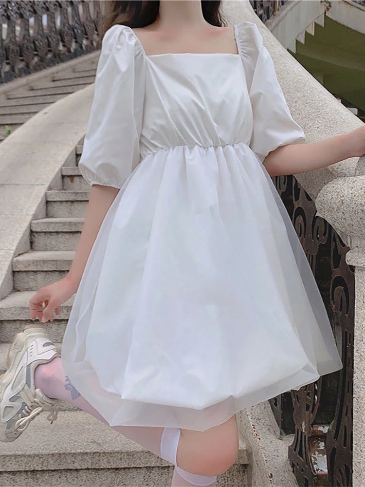 Купи Anbenser Summer Dress Sweet Patchwork Ball Gown Dresses Women white Mini Dress Square Collar High Waist Puff Sleeve Party Dress за 1,319 рублей в магазине AliExpress