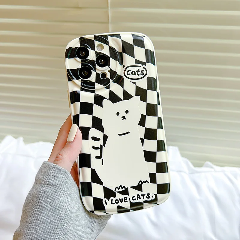 

Ретро чехол для телефона с квадратным шахматным рисунком кошки и геометрическим рисунком для iPhone 14 13 11 12 Pro Max XR 14 Plus Xs Max 7 8 Plus, милый чехол