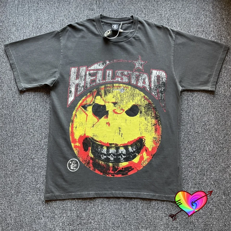 

2023 Hellstar Studios Evil Smile T Shirt Men Women 1:1 Damaged Print Hellstar Tee Oversize Tops Wash Grey Crewneck Short Sleeve