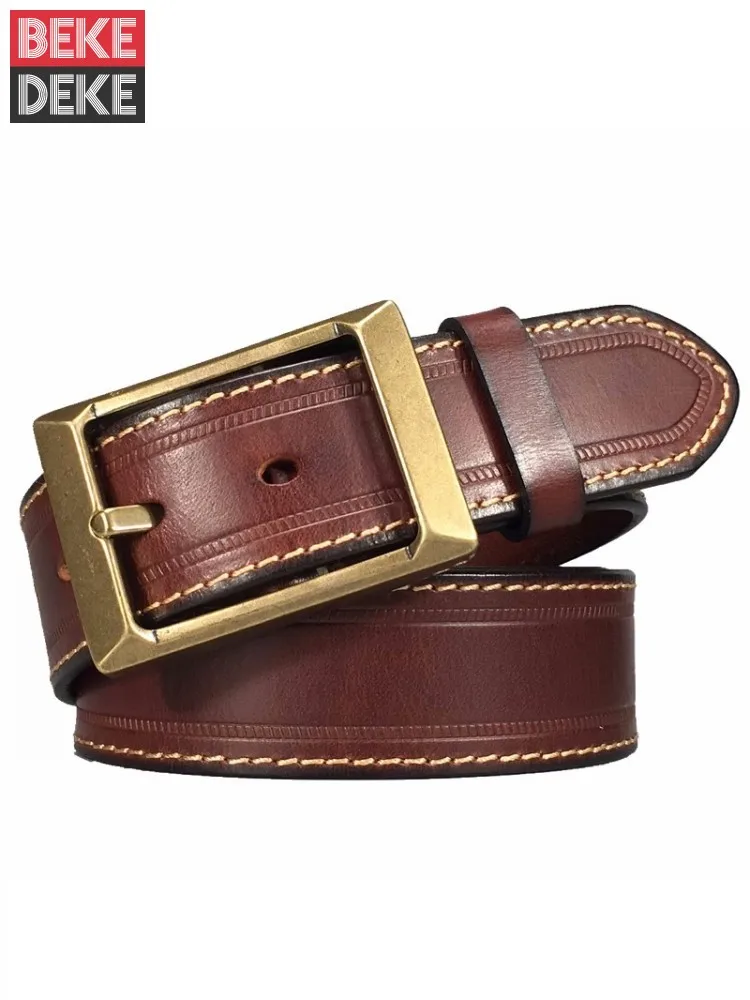 Fashion Men Cowhide Genuine Leather Belt Brass Pin Buckle Strap For Jeans Casual Waistband Solid Colors