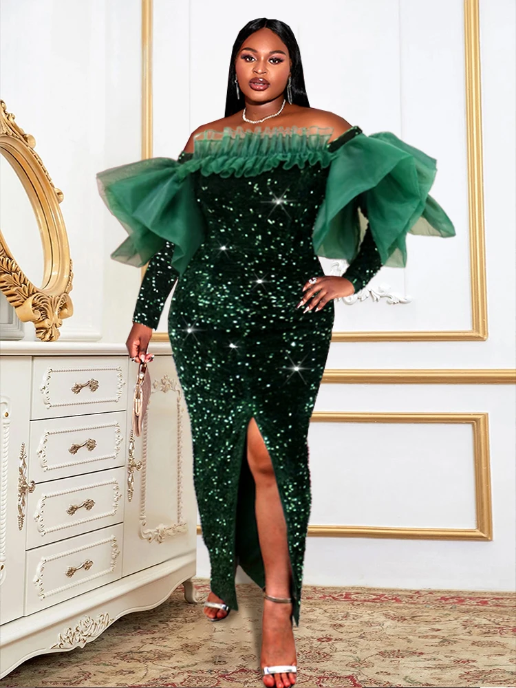 Plus Size Green Sequins Dress Women Christmas Velvet Shiny Party Sexy Robes Off Shoulder Ruffles Long Sleeve Bodycon Slim 2023