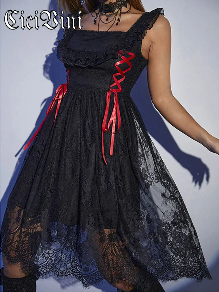 

CiciVini Goth Women 'S Black Dress Lace Up Belt Autumn Women Aesthetic Off -Shoulder Square Neck Vintage Lace Cross Trap