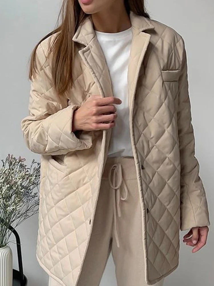 Warm Slim Vintage Women Parkas Coats Notched 2022 Autumn Winter Single Breasted Elegant Jackets Prockets Buttons for Office Lady