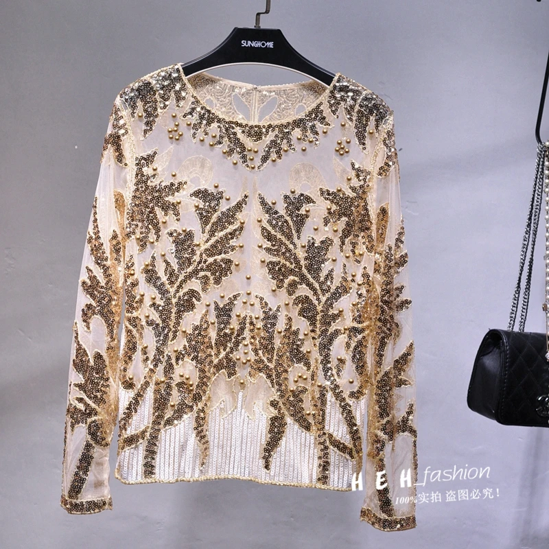 

Summer 2022 Europe and America heavy industry sequins perspective embroidery gold beads bottom shirt round neck sexy fashion T-s