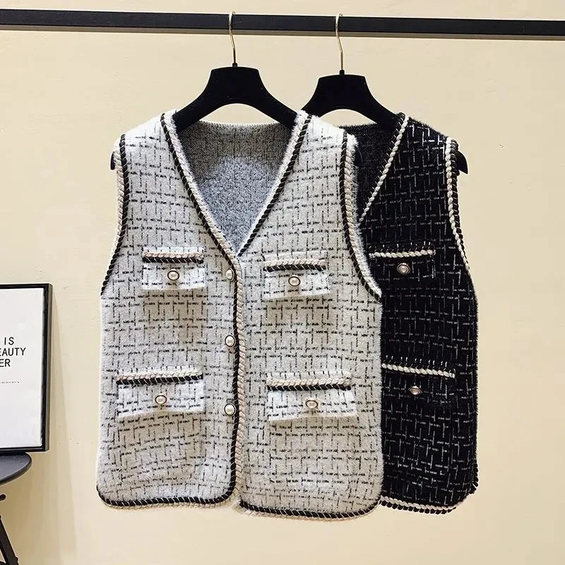 

Женский твидовый жилет, универсальный облегающий однотонный жилет с V-образным вырезом и жемчужными пуговицами, осенний кардиган, 2022
