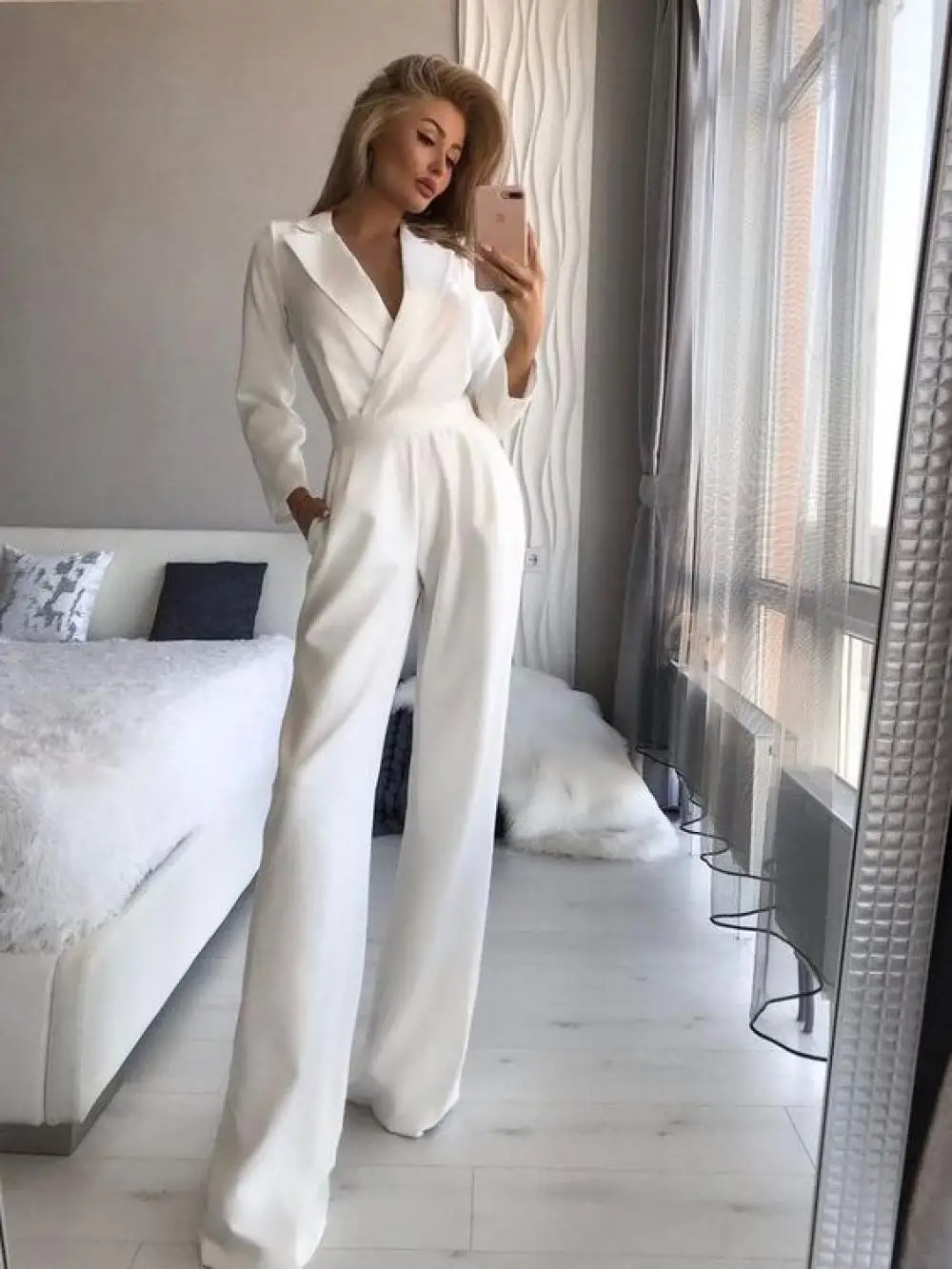 2022 Spring Fall High Waist Long Sleeve Slim Fit Jumpsuit Women V-Neck Solid Wide Leg Pants with Pocket Office Ladies Jumpsuits