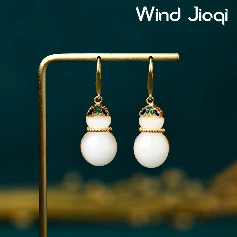 

Белые нефритовые серьги в виде тыквы, серьги в виде натурального нефрита, Винтажные висячие серьги-подвески для женщин, серьги в старинном э...