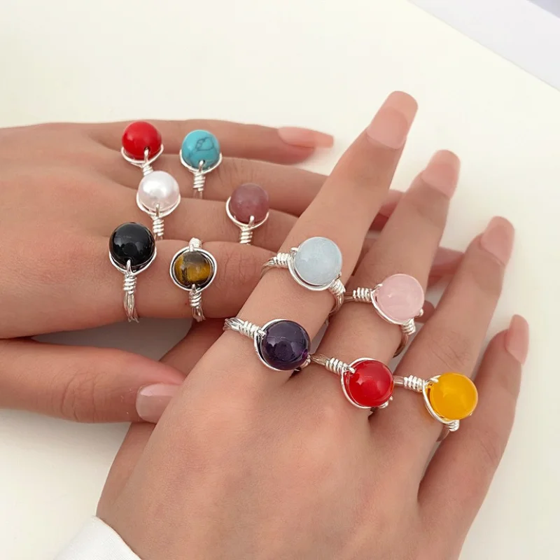 

Natural Stone Crystal Ring Fashion Retro Handmade Metal Wire Winding Beaded for Women Vintage Bead Rings Jewelry Gift