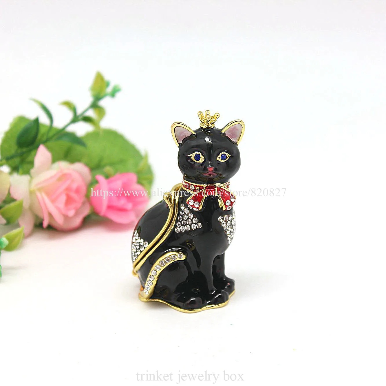 Cat Hinged Jewelry Box with Crystal Stones