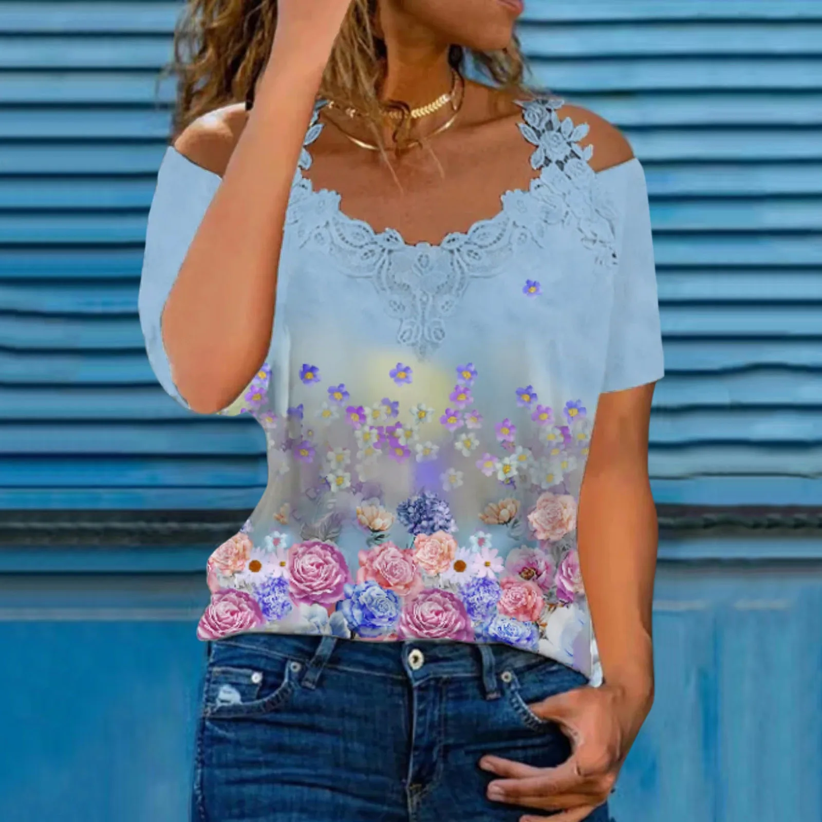 

Women Short Sleeve Tops Lace Splicing Cold Shoulder T Shirt Casual V Neck Loose Tee Shirt Summer Pullover Tee Shirts Blouses