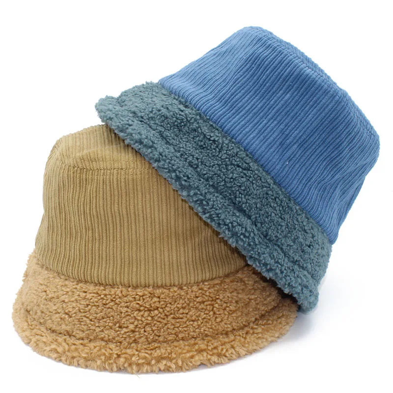 

2022 autumn and winter new corduroy warm fisherman hat Korean version ladies thickened casual basin hat lamb wool wild plush hat