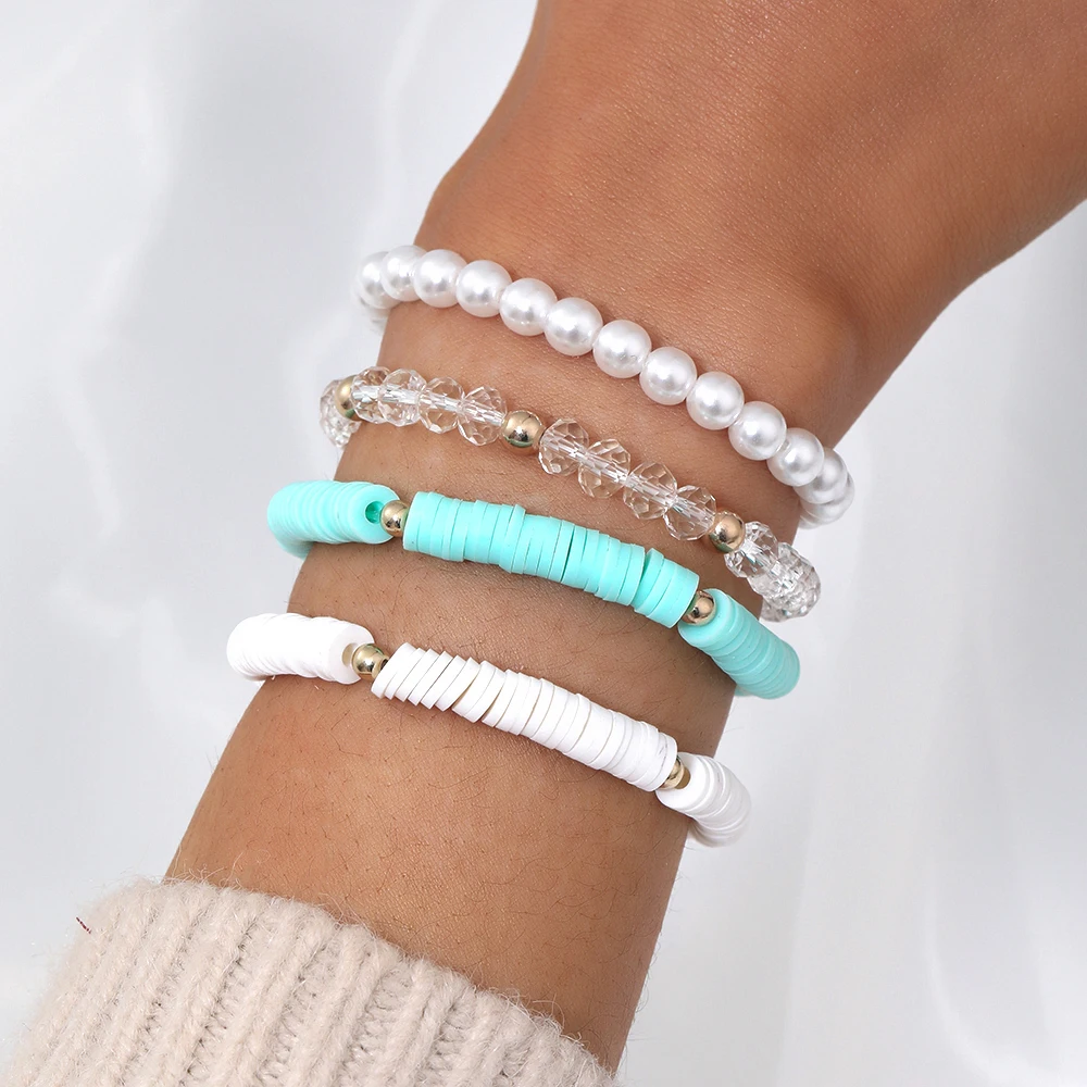 

Beaded Bracelet Sets Clear Crystal Glass Polymer Clay Beads For Women Summer Beach Casual Jewelry Accessories Friendship Gift