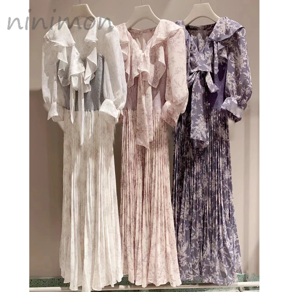 

NINIMON New Ruffle Lace-up Waist Pleated Dress 2023 Spring/Summer Mid-length Dresses High Wasit Elegant A-line Sweet Dress