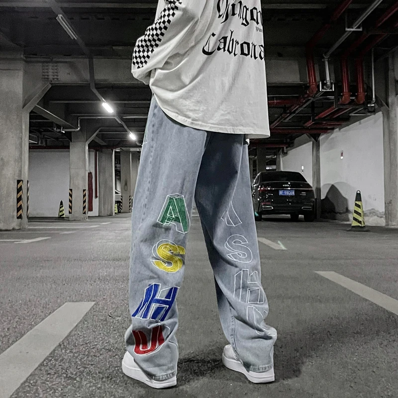 Men's Jeans Loose Embroidered Design Solid Color Men and Women's Hip Hop y2k Pants Streetwear High Quality Workwear Jeans Casual