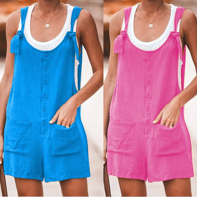 

2023 new pocket Women's Summer Casual Fashion Pure Color Suspender Shorts Jumpsuit Suspender Pants