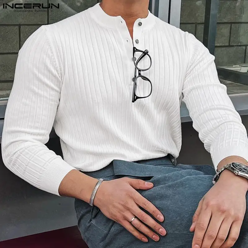 INCERUN Tops 2022 Korean Style New Men's Pit Stripe Elastic Knitted Blouse Casual Male Solid Half open Long Sleeve Shirts S-5XL (art.: 3920beffbde31) - 3920beffbde31