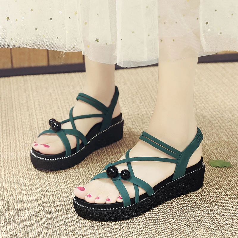 

2022 Sandals Beach Shoes Clogs Wedge Med Espadrilles Platform Anti-Skid Open Toe Summer Heels Suit Female Beige New Medium High