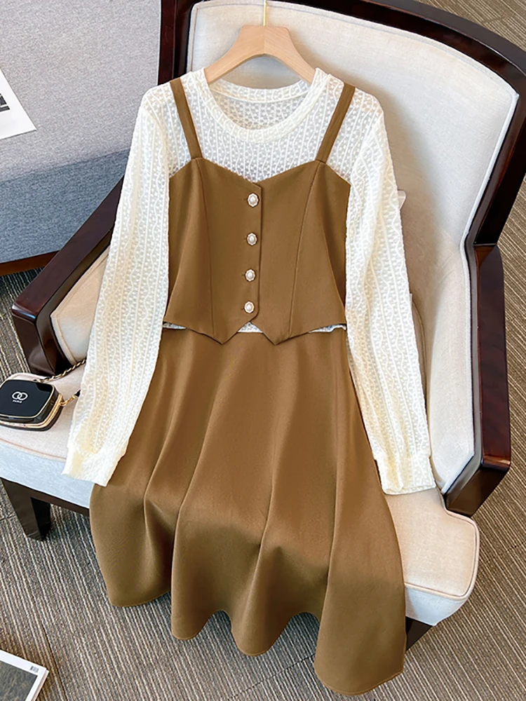 2024 черное лоскутное кружевное платье миди с длинным рукавом женское модное из