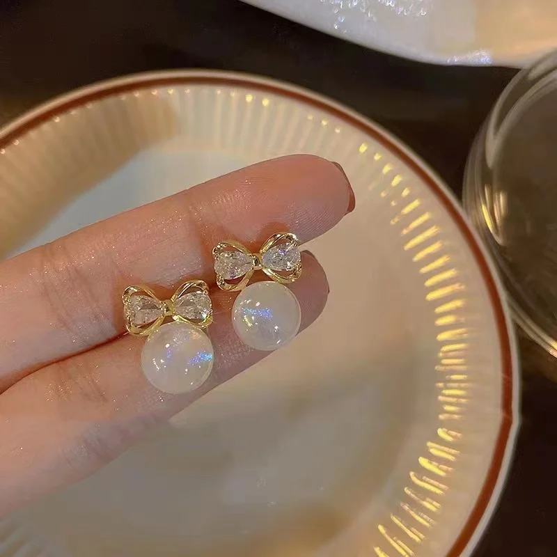

Luxury Zircon Bowknot Stud Earrings For Women Elegant Imitation Pearl Love Heart Crystal Flower Earring Girls Festival Jewelry