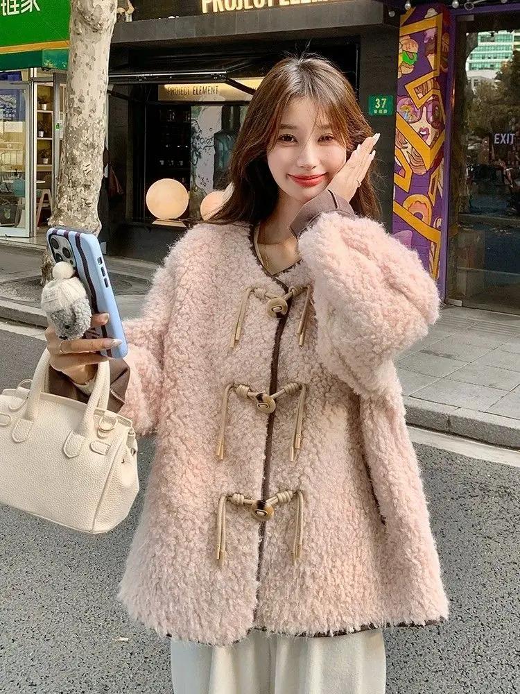 Korejpaa Розовое пальто с мехом ягненка Женская осенне-зимняя одежда Корейская мода