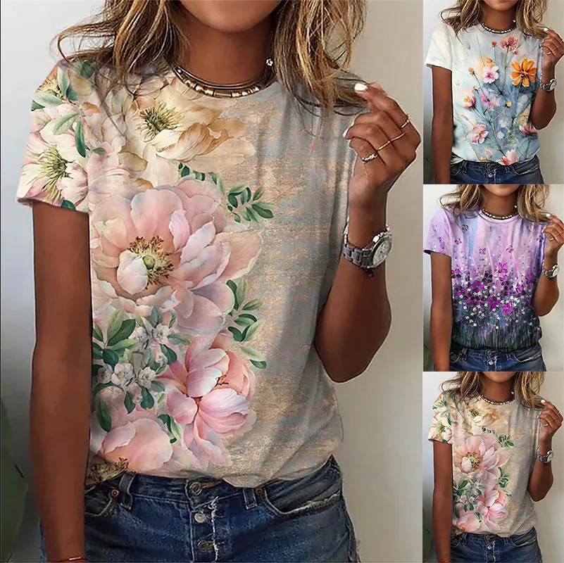 

Fashion Women's T-Shirt Rose Flower Pattern Print Top Summer Ladies Short Sleeve Casual Loose 3D Floral Printed T-Shirt 2022 New