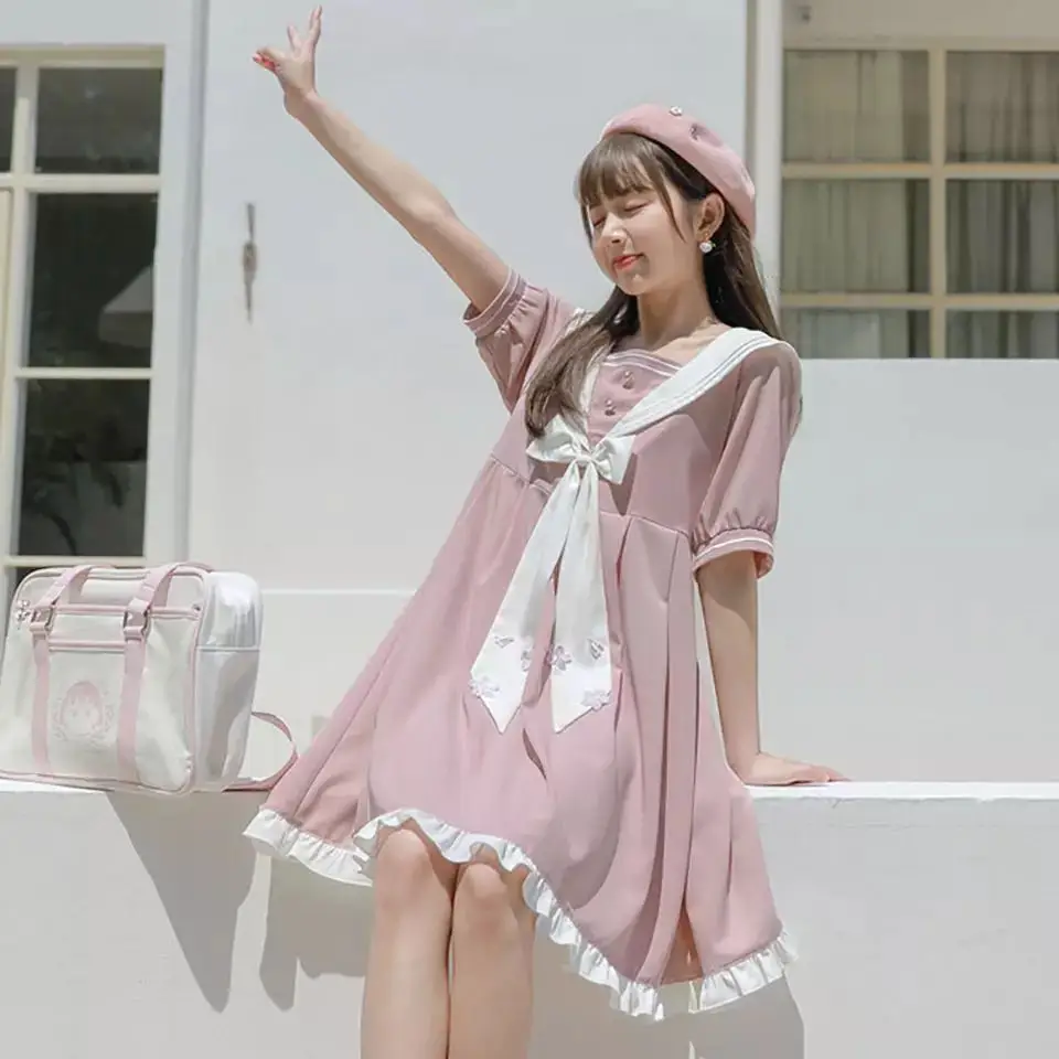 

Women Half Sleeve Dress Sweet Sailor Collar Bow Japanese Preppy Style Loose Female Lovely Summer Ruffles Streetwear Ins Chic New