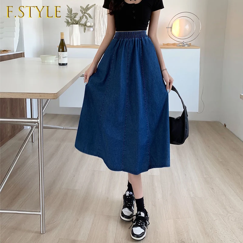 Юбка женская джинсовая трапециевидная средней длины повседневная однотонная