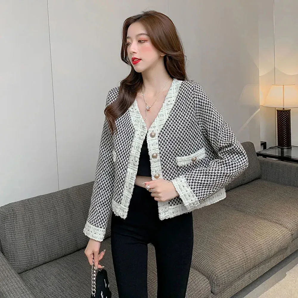 Женский твидовый жакет с V-образным вырезом длинным рукавом |