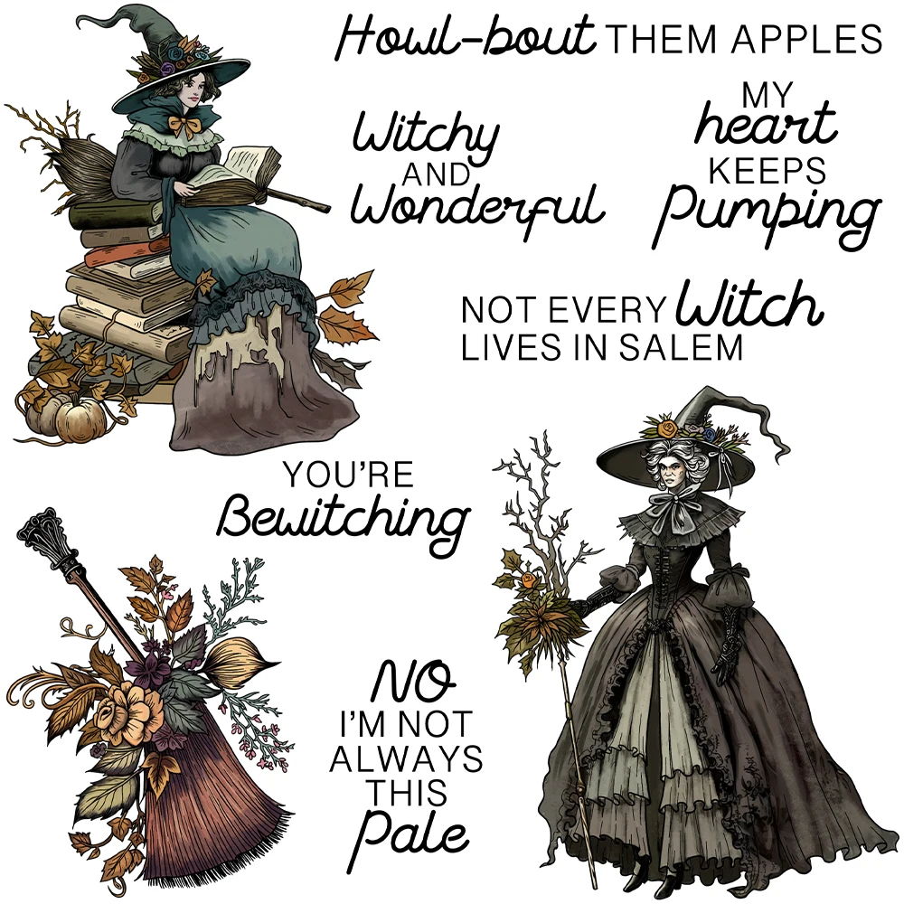 Штамп для Хэллоуина с изображением ведьмы и книг